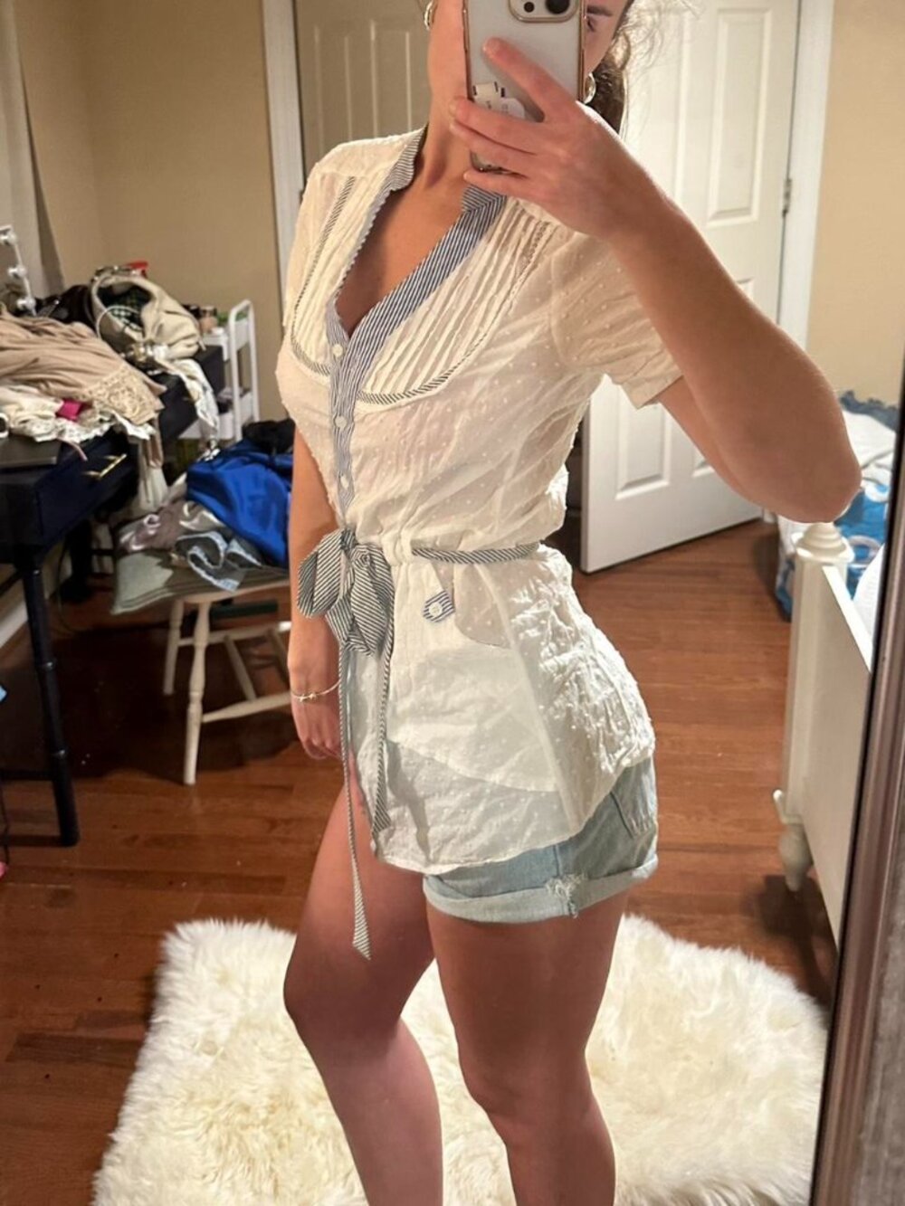 White and blue button up shirt with tie waist